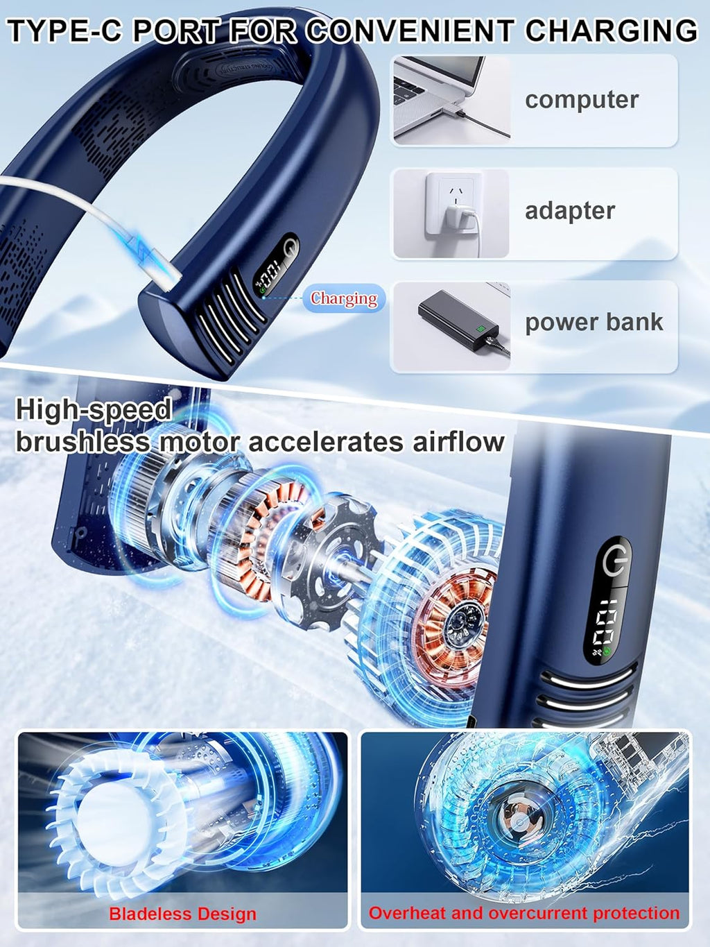 Portable Neck Fan Rechargeable 7000mAh, Bladeless 360° Airflow Cooling K396090