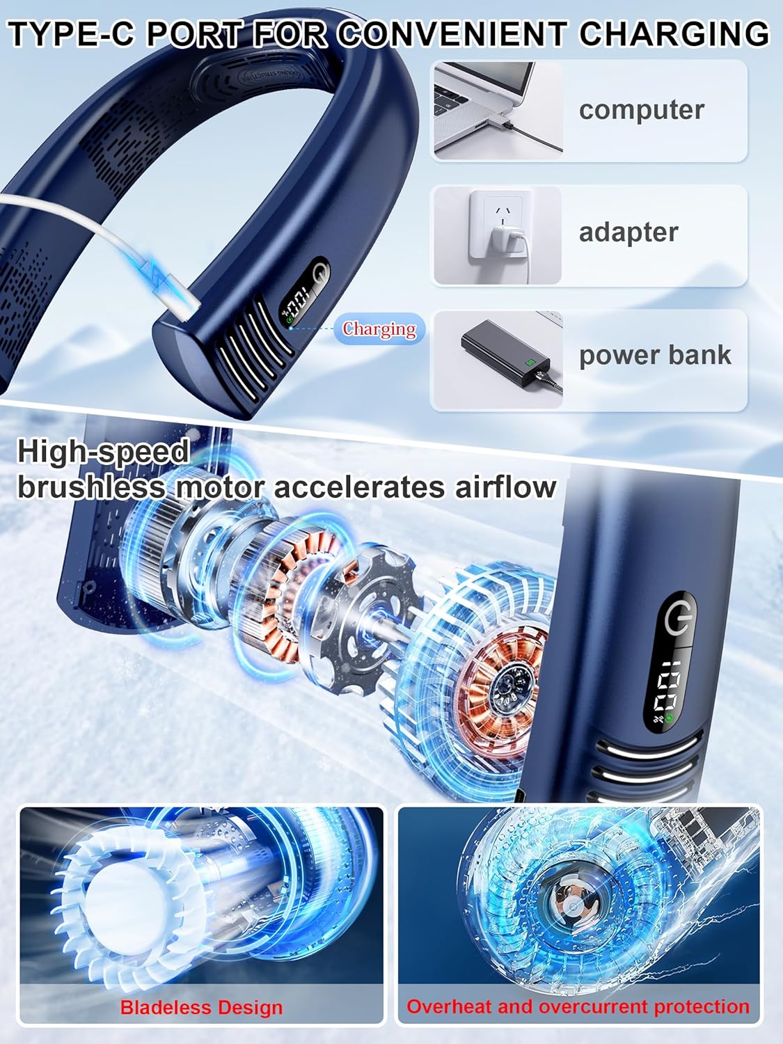 Portable Neck Fan Rechargeable 7000mAh, Bladeless 360° Airflow Cooling K396090
