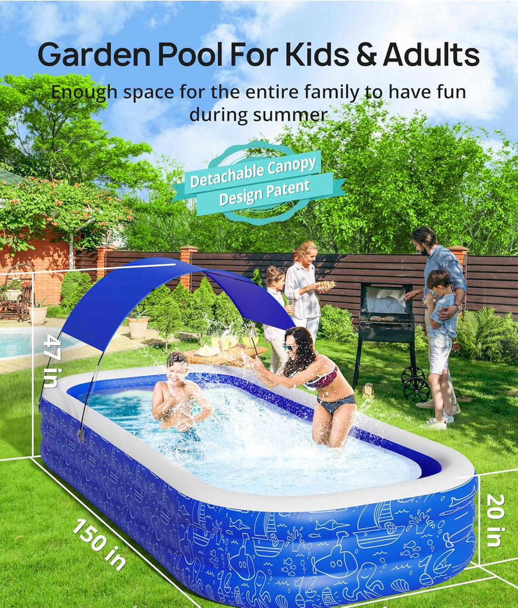Inflatable Pool with Canopy for Kids and Adults, Outdoor Backyard Swimming Pool M603