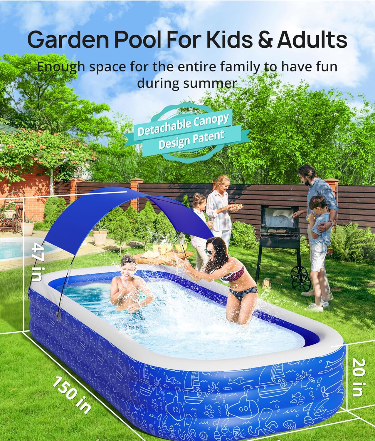 Inflatable Pool with Canopy for Kids and Adults, Outdoor Backyard Swimming Pool M603