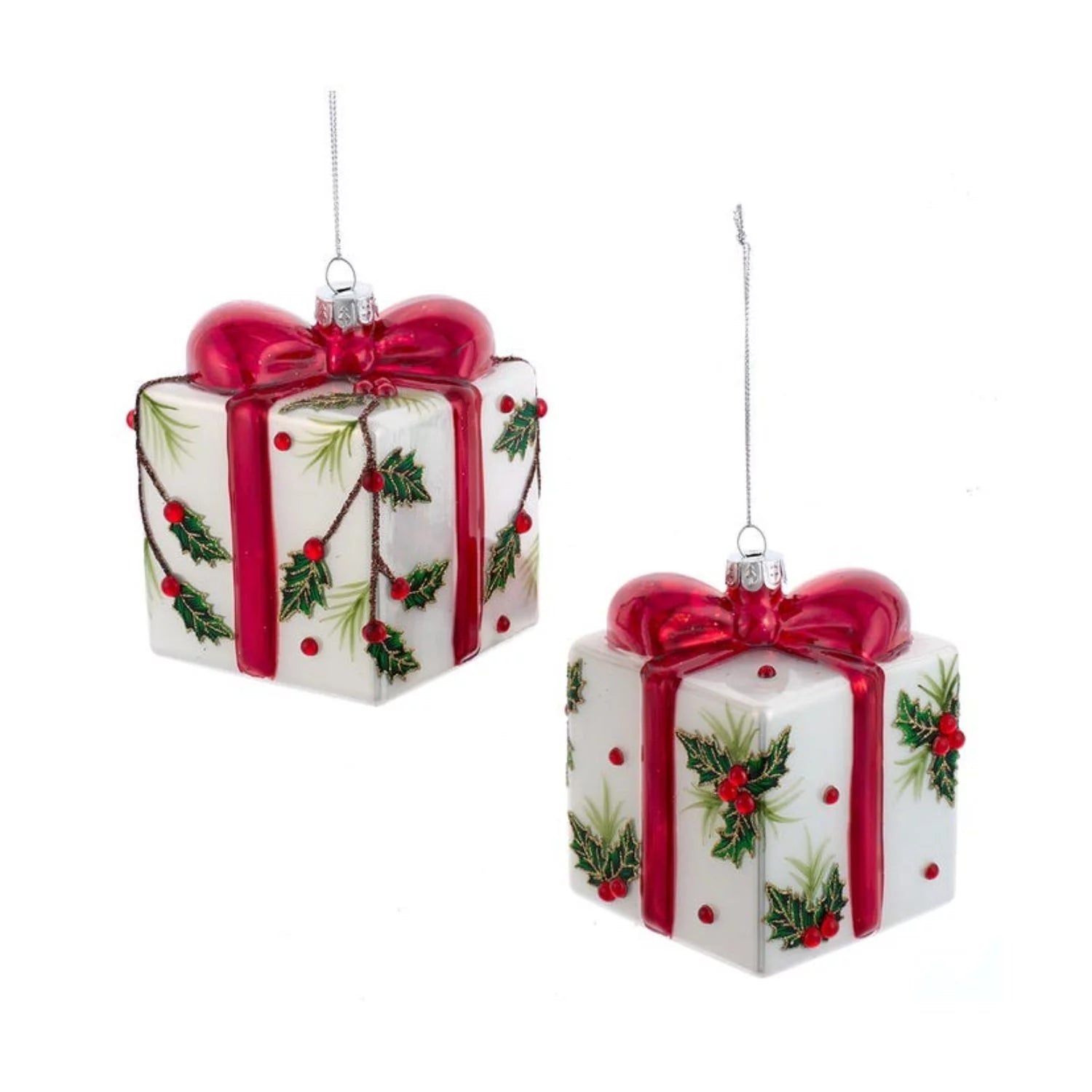 KSA Set of 6 Glass Holly Present Christmas Ornaments 3.5"