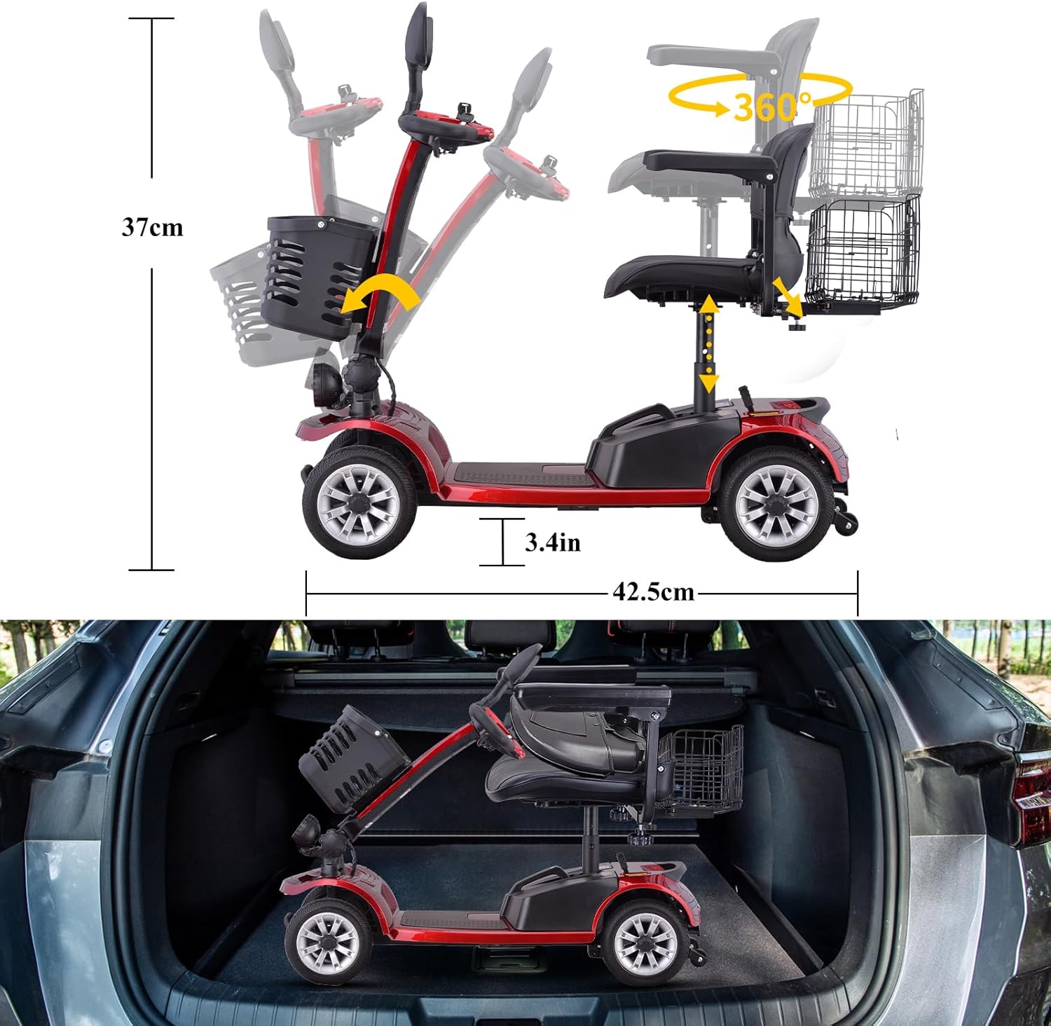 Folding Electric Mobility Scooter for Seniors with Dual Battery and Basket T6721