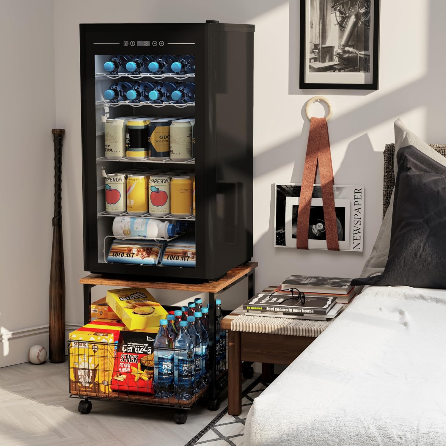 Mini Fridge Stand with Storage, 4 Lockable Wheels P665465