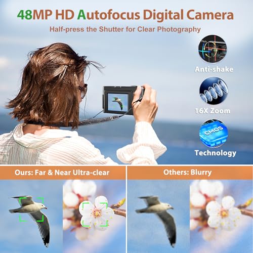 4K 48MP Digital Camera for Photography and Vlogging, Autofocus Anti-Shake, Flip Screen, 16X Zoom C70263