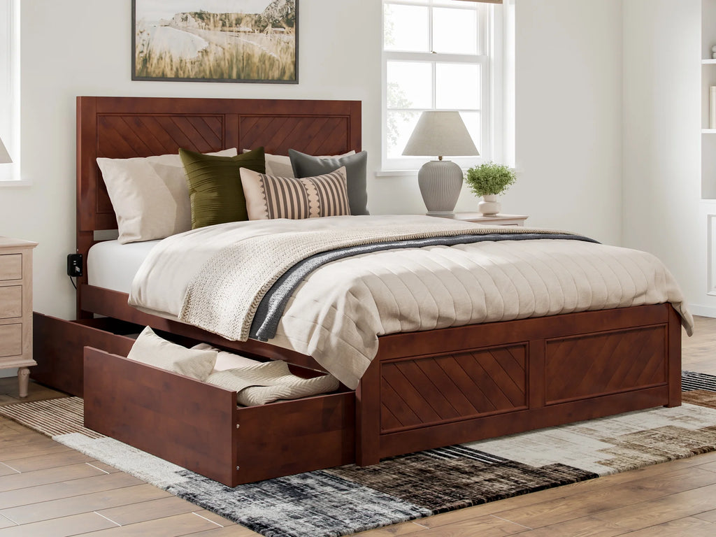 Walnut Solid Wood Platform Bed with Storage Drawers, Queen R138
