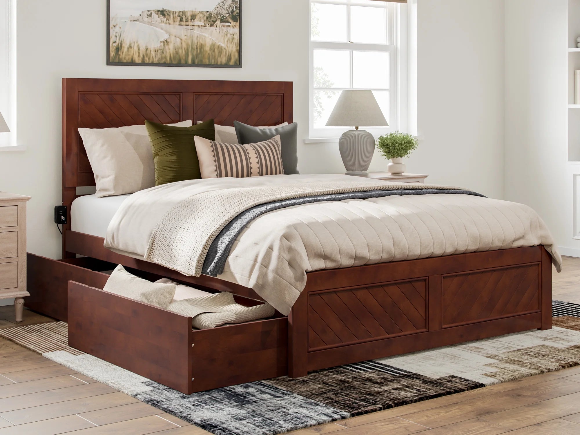 Walnut Solid Wood Platform Bed with Storage Drawers, Queen R138