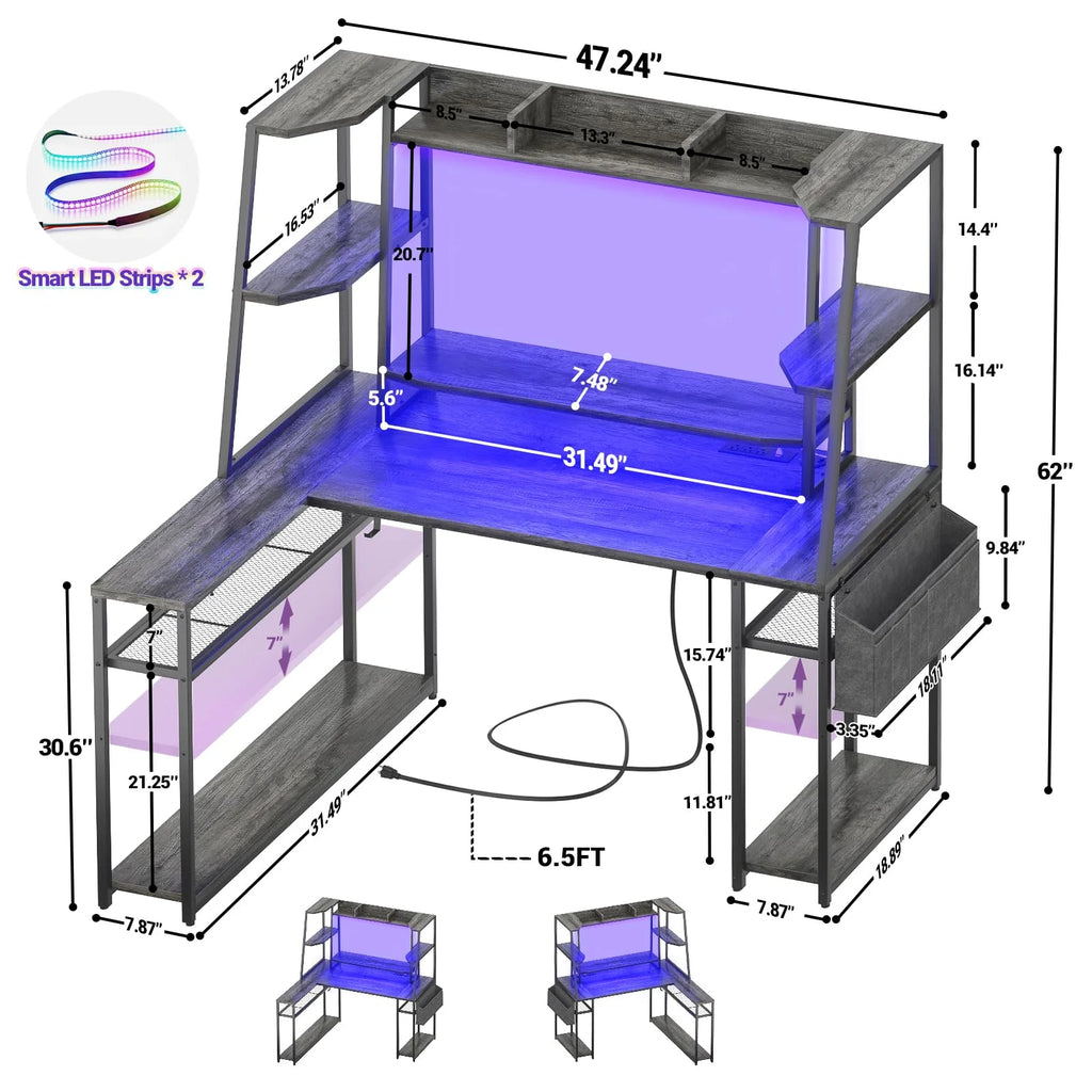 Corner Computer Desk with LED Lights and Power Outlets O803