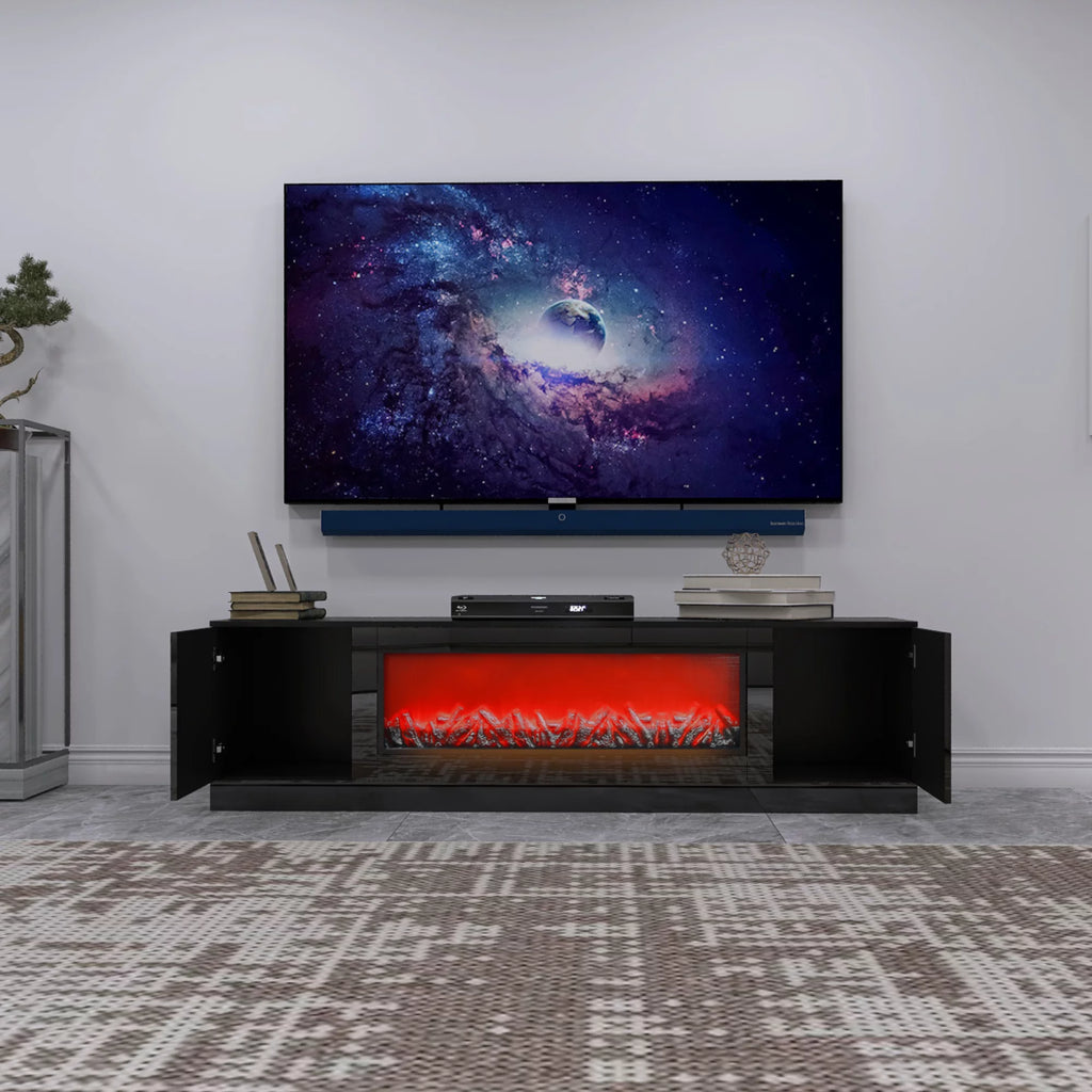 Electric Fireplace TV Stand with Wood Texture, High Glossy Finish Y488
