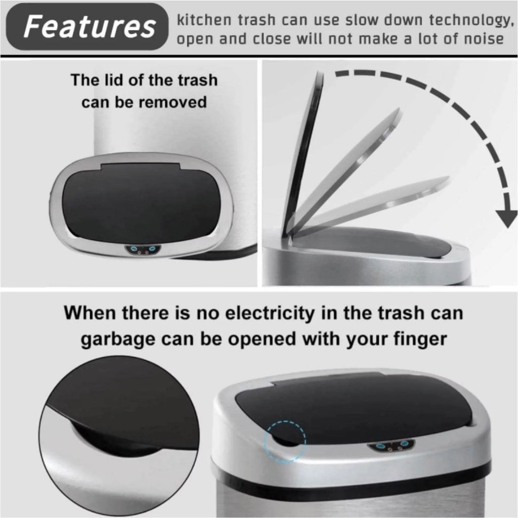 Kitchen Trash Can with Lid, 13 Gallon Automatic Stainless Steel Garbage Can with Motion Sensor, Silver O912