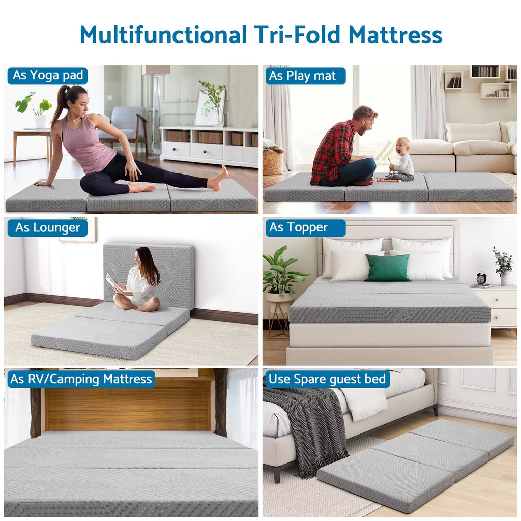 Tri Fold Mattress with Washable Cover for Floor, RV, Camping V8767