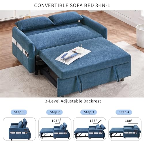 3 in 1 Convertible Sleeper Sofa Bed, Velvet Loveseat Futon with Pullout Bed, Gray Y9093
