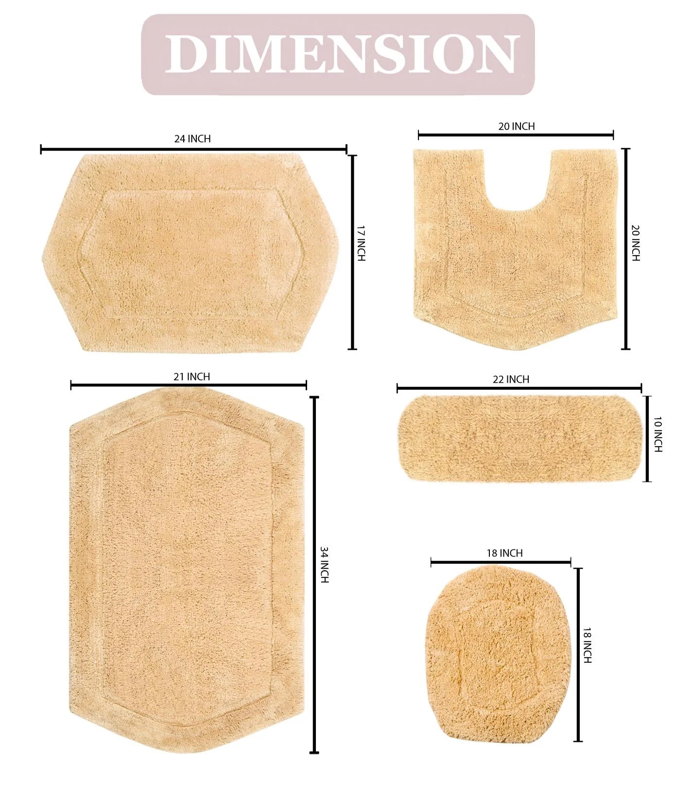 100% Cotton Tufted Bath Rug, Non-Slip, Machine Washable, 5 Piece Set Z1734