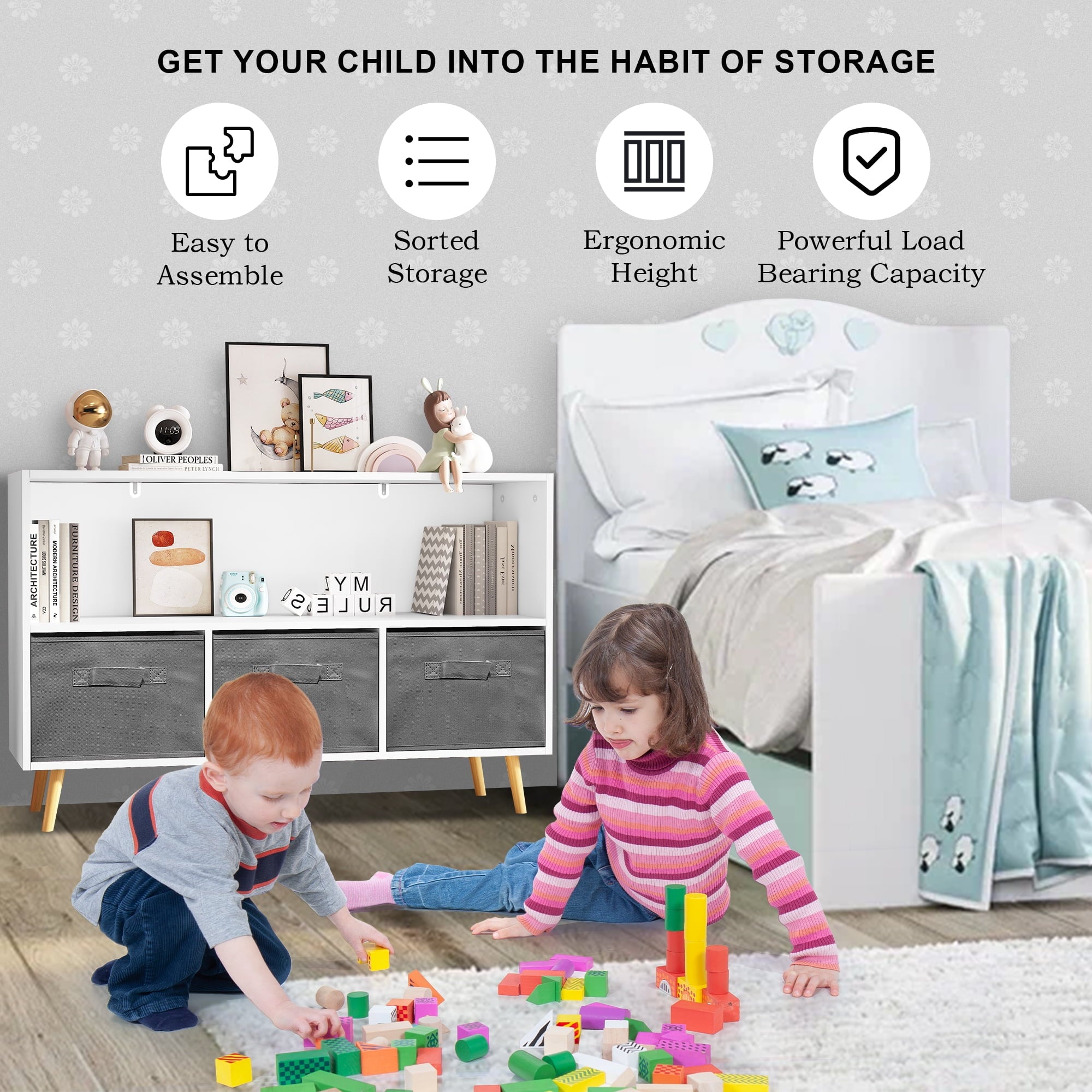 Kids Toy Storage Cabinet with Collapsible Fabric Drawers X806