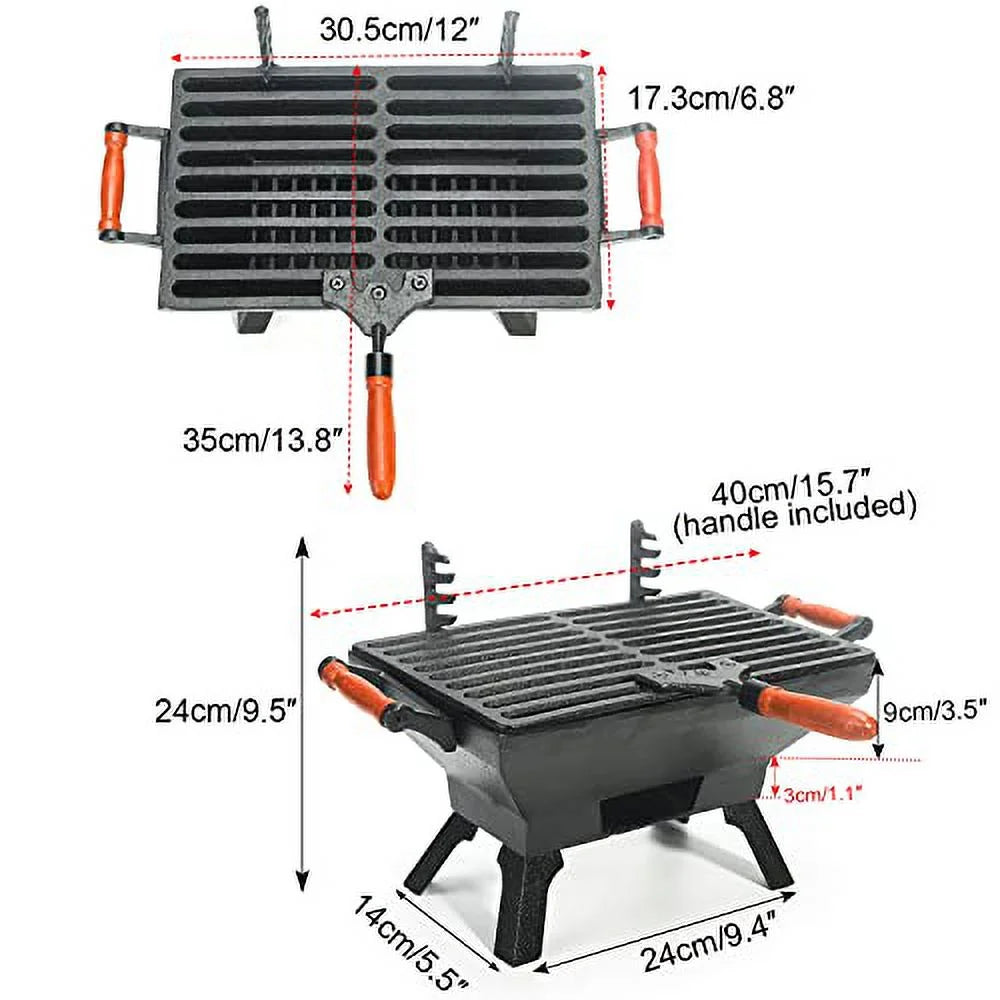 Small Cast Iron Charcoal Grill Stove with Gridiron, Tabletop BBQ Grill for Outdoor Cooking D599414