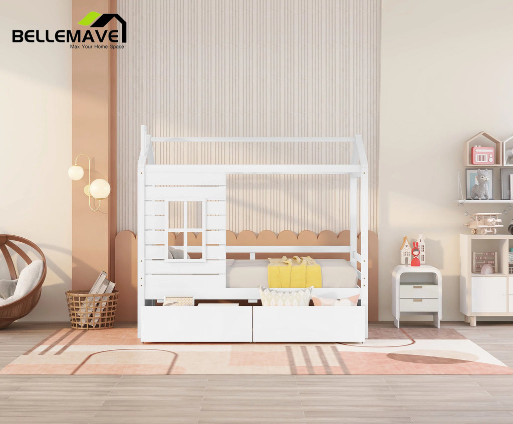 Twin Size House Bed with Drawers and Guard Rails Q40260