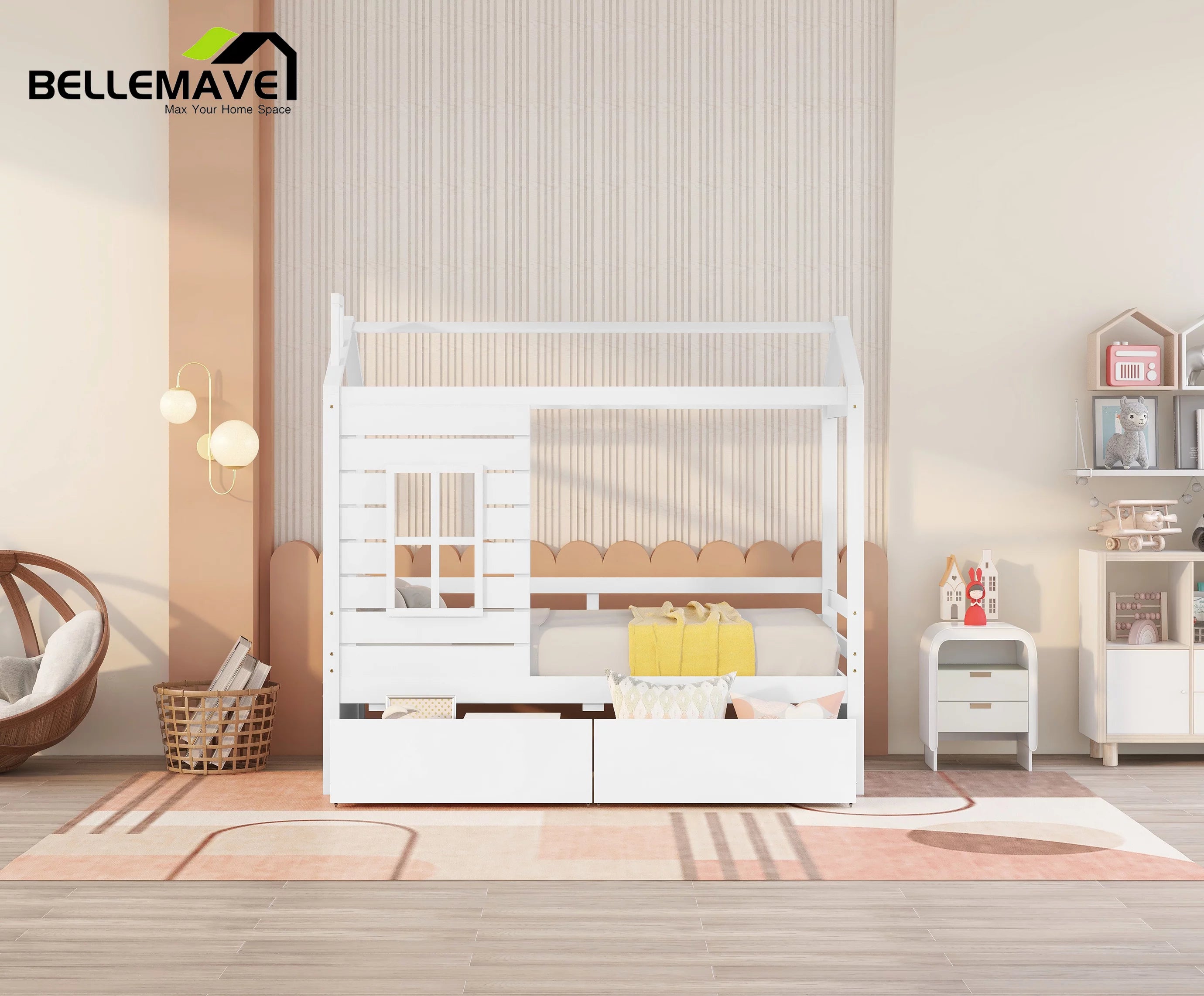 Twin Size House Bed with Drawers and Guard Rails Q40260