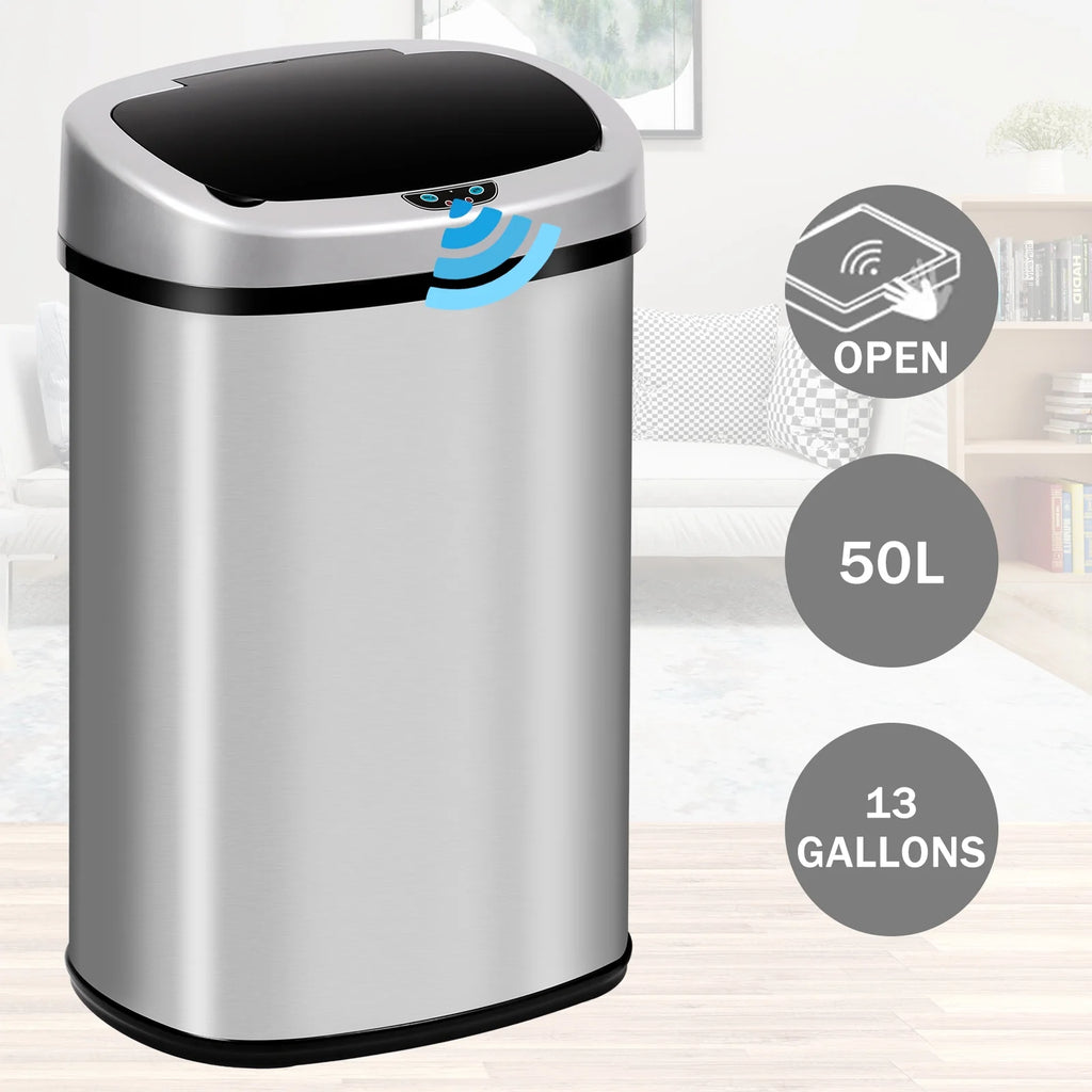 Kitchen Trash Can with Lid, 13 Gallon Automatic Stainless Steel Garbage Can with Motion Sensor, Silver O912
