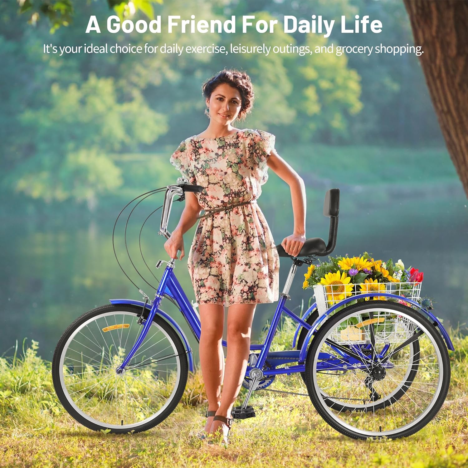 Adult Tricycle 7 Speed, 3 Wheel Bike with Rear Basket, 24 Inch Wheels V836157