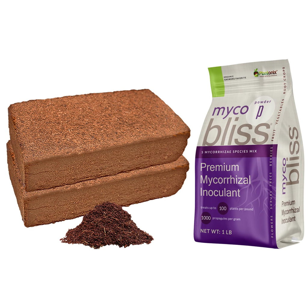 Myco Bliss Powder (1lb) + Coco Coir 650gm Bricks (2-Pack) - Mycorrhizal Inoculant & Organic Coco Coir for Plants - Mycorrhizal Rooting Powder Improves Nutrient Uptake - Compressed Coco Coir Bricks
