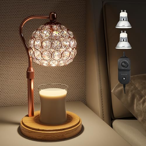 Candle Warmer Lamp,Candle Lamp Warmer with Timer, Handmade Crystal Candle Warmer with 2 Bulbs for Jar Candles Burner Adjustable Height and Dimmable Wax Melt Warmer, Natural Wood Base