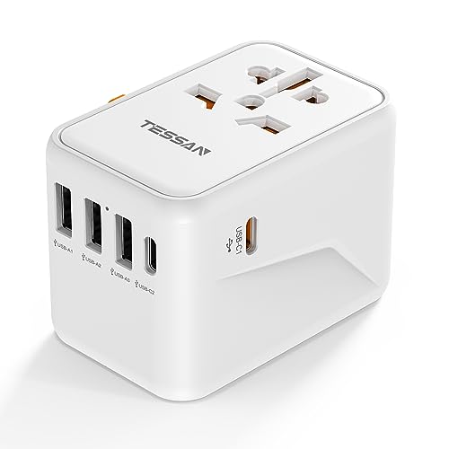 Universal Travel Plug Adapter 30W, TESSAN International Plug Adaptor with 1 USB C and 4 USB A Ports, Travel Worldwide Power Outlet for US to European EU UK AUS (Type C/G/A/I)