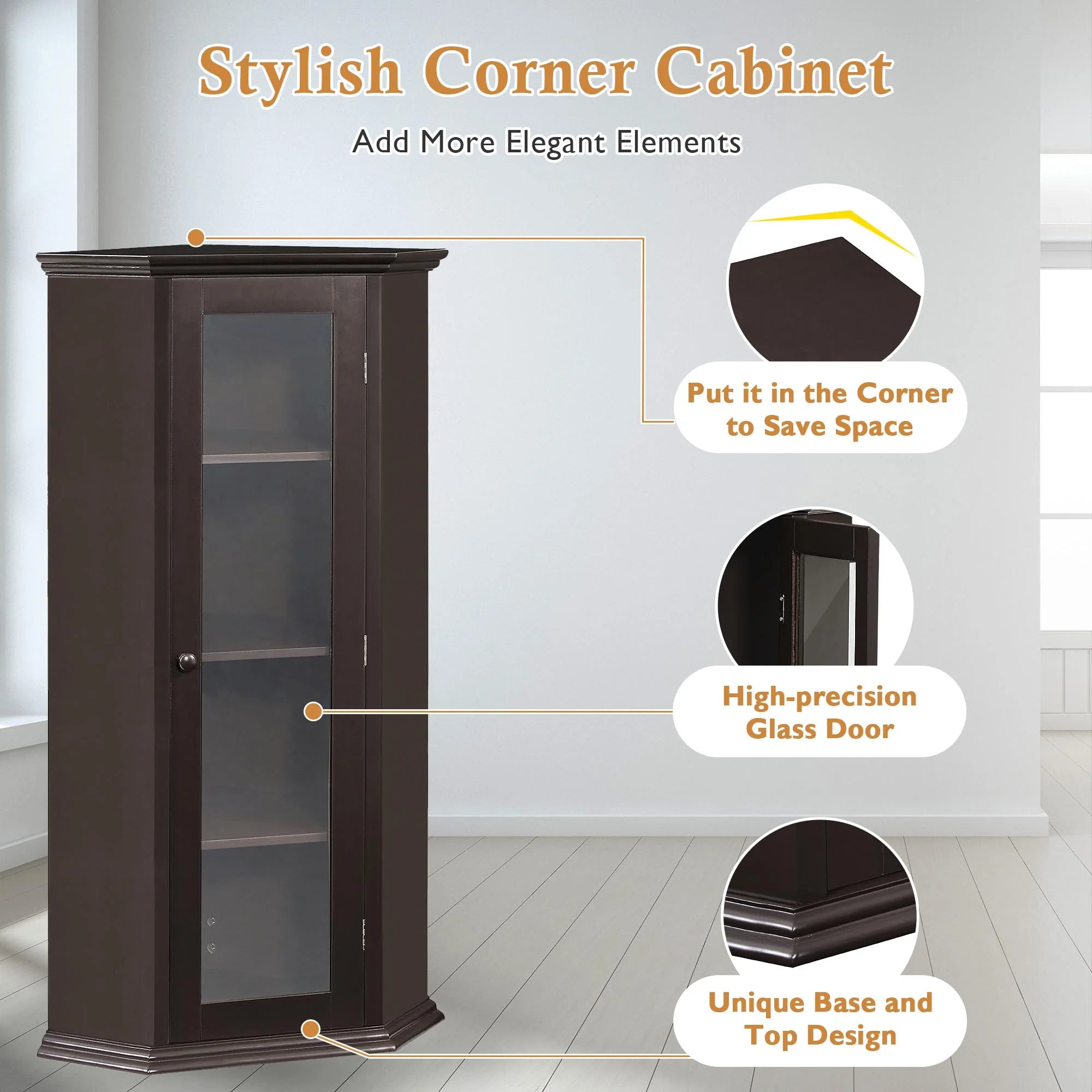 Corner Bathroom Cabinet with Glass Door, MDF Painted Finish Q939