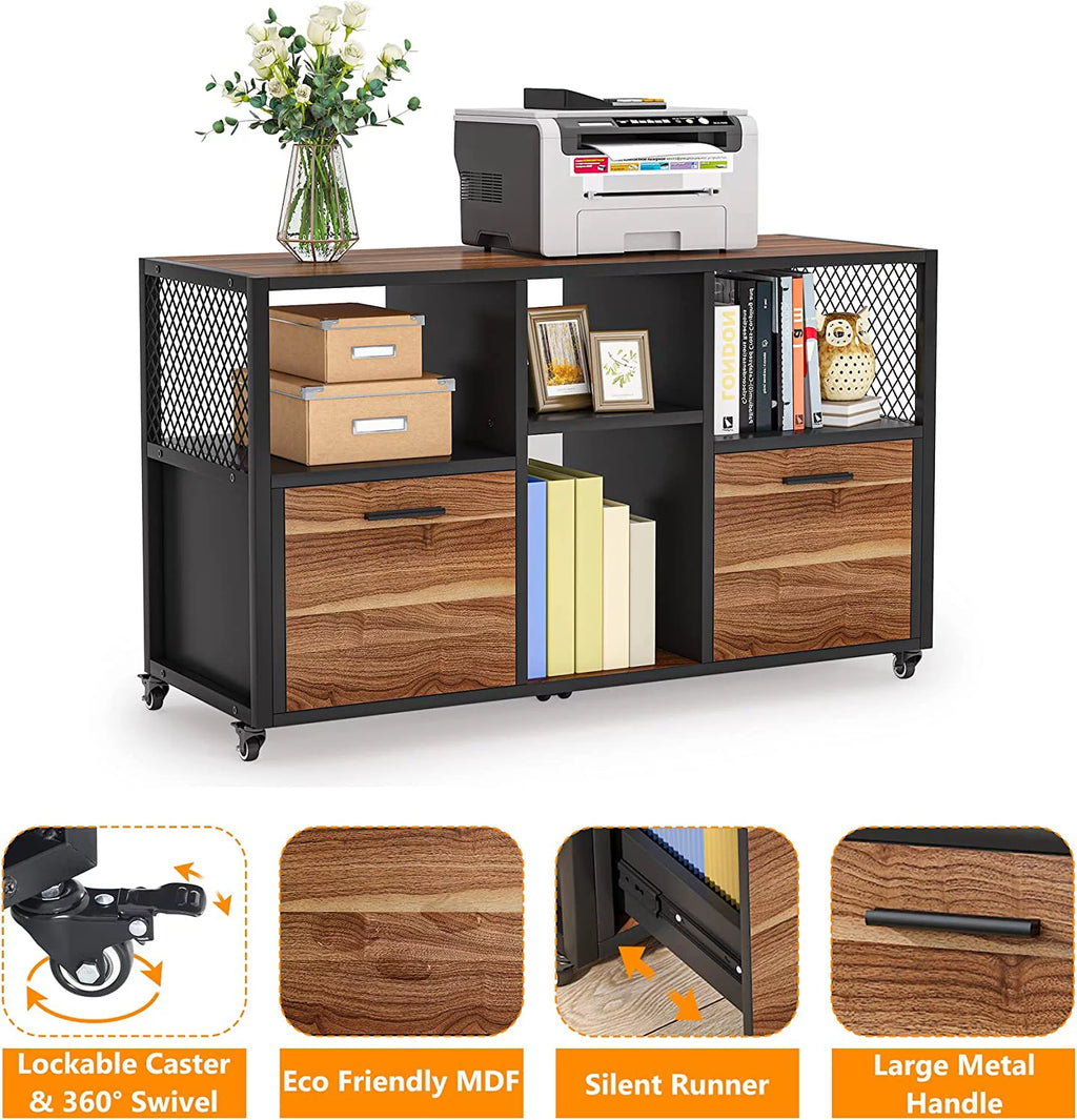 2 Drawer Wood File Cabinet, Mobile Lateral Filing, Rustic Brown D380