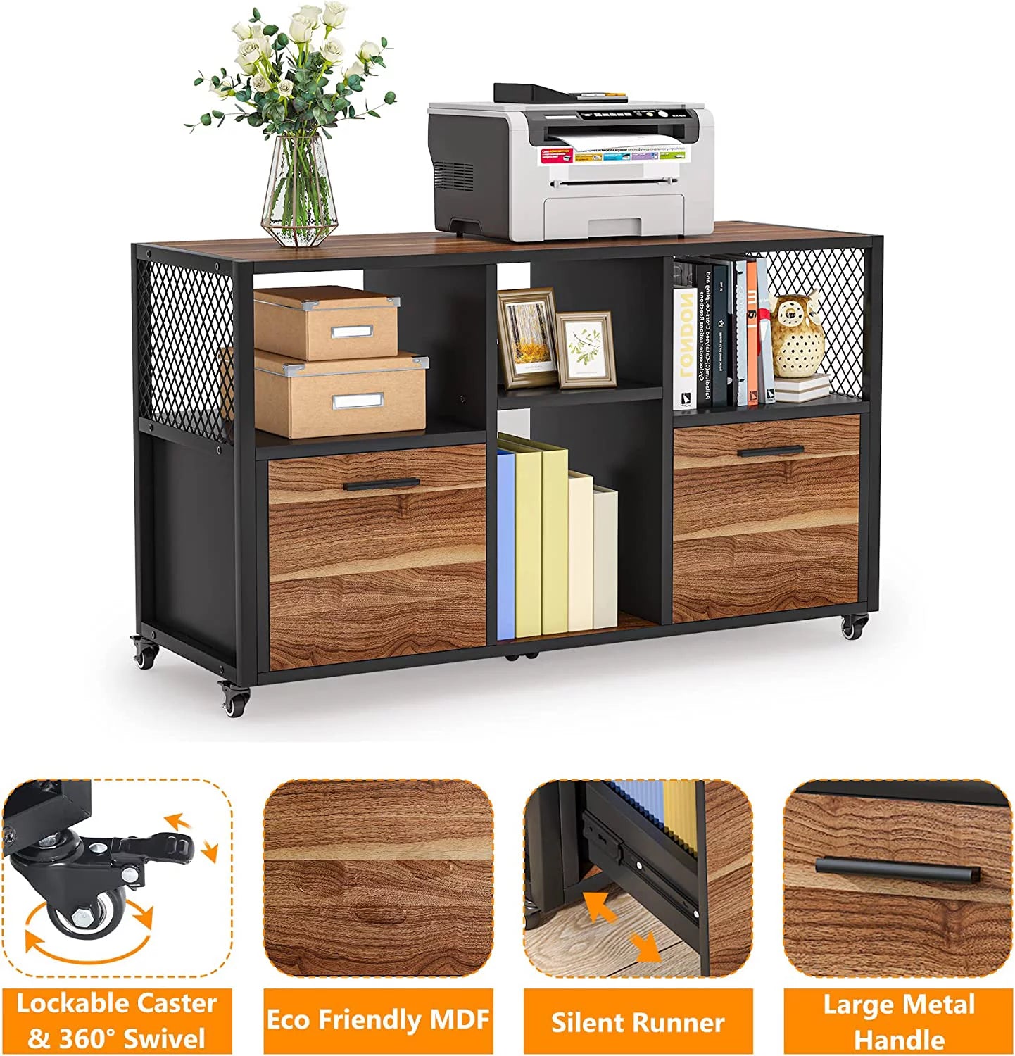 2 Drawer Wood File Cabinet, Mobile Lateral Filing, Rustic Brown D380