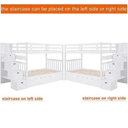 Twin Over Twin/Full Bunk Bed with Trundle and Drawers, Solid Wood Staircase, White C353971