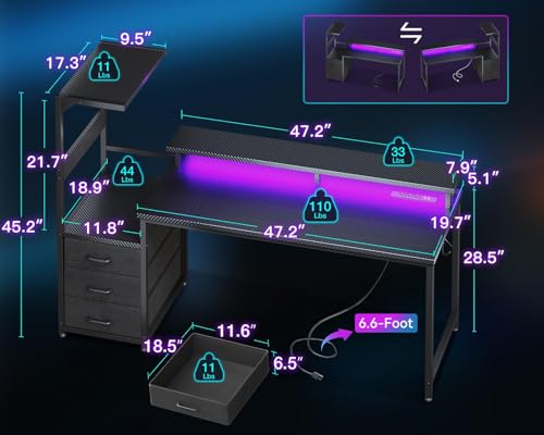 Gaming Desk with USB Charging Ports and LED Light T9380