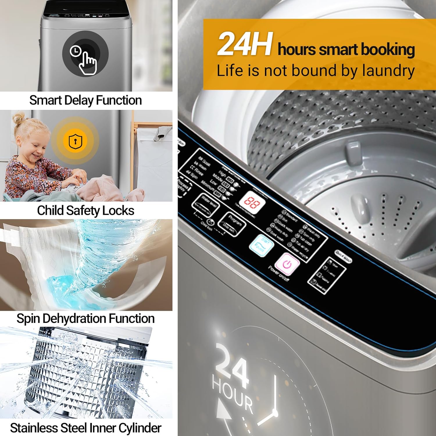 Portable Washing Machine 19.5lbs with 10 Programs, LED Display, Grey D4616