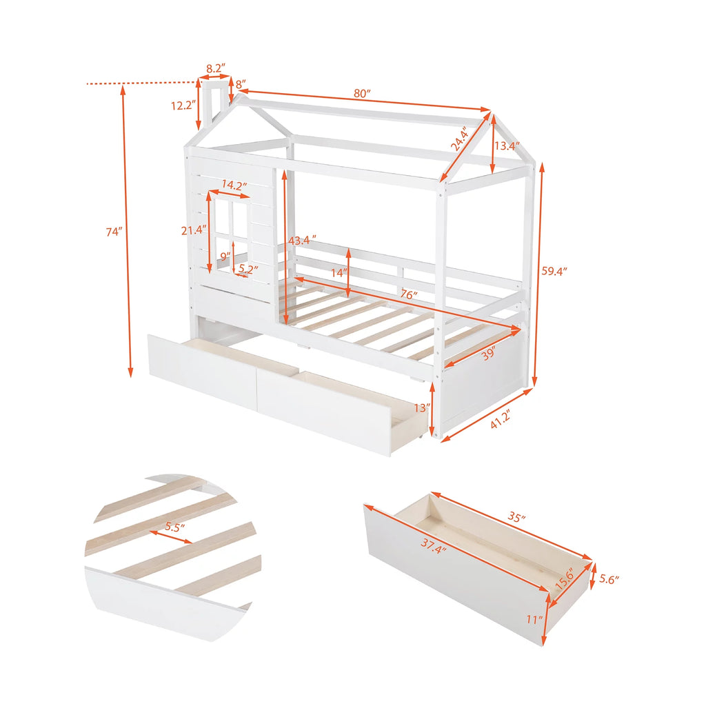 Twin Size House Bed with Drawers and Guard Rails Q40260