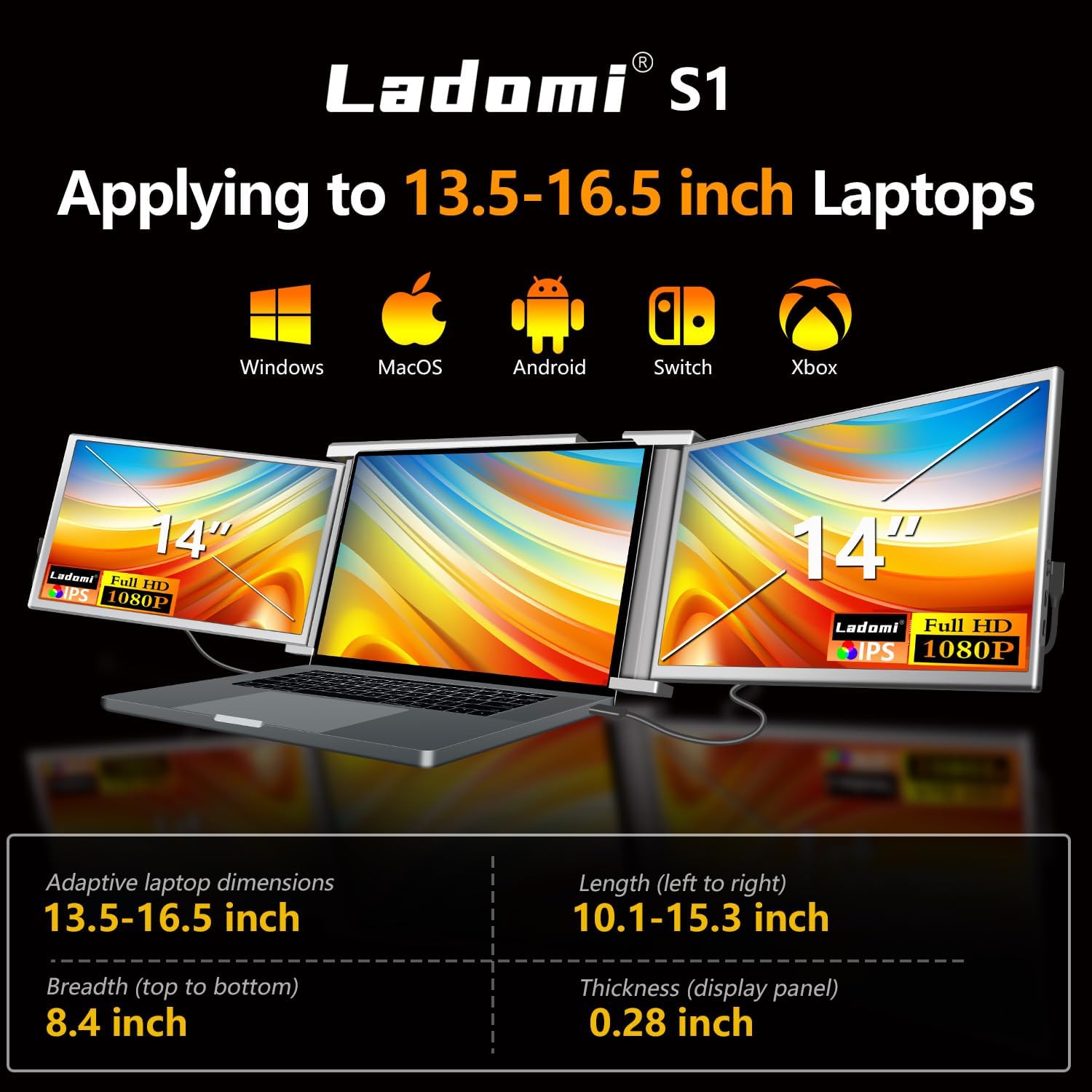 Triple Laptop Screen Extender, 14" FHD 1080P IPS Portable Monitor, HDMI/USB-C P76294