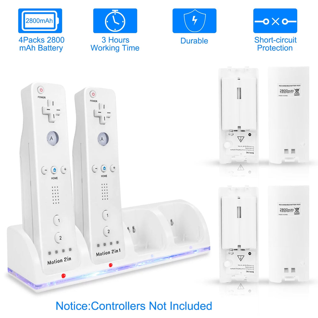 4 Remotes Charging Dock Game Controller Charger for Wii White N3112