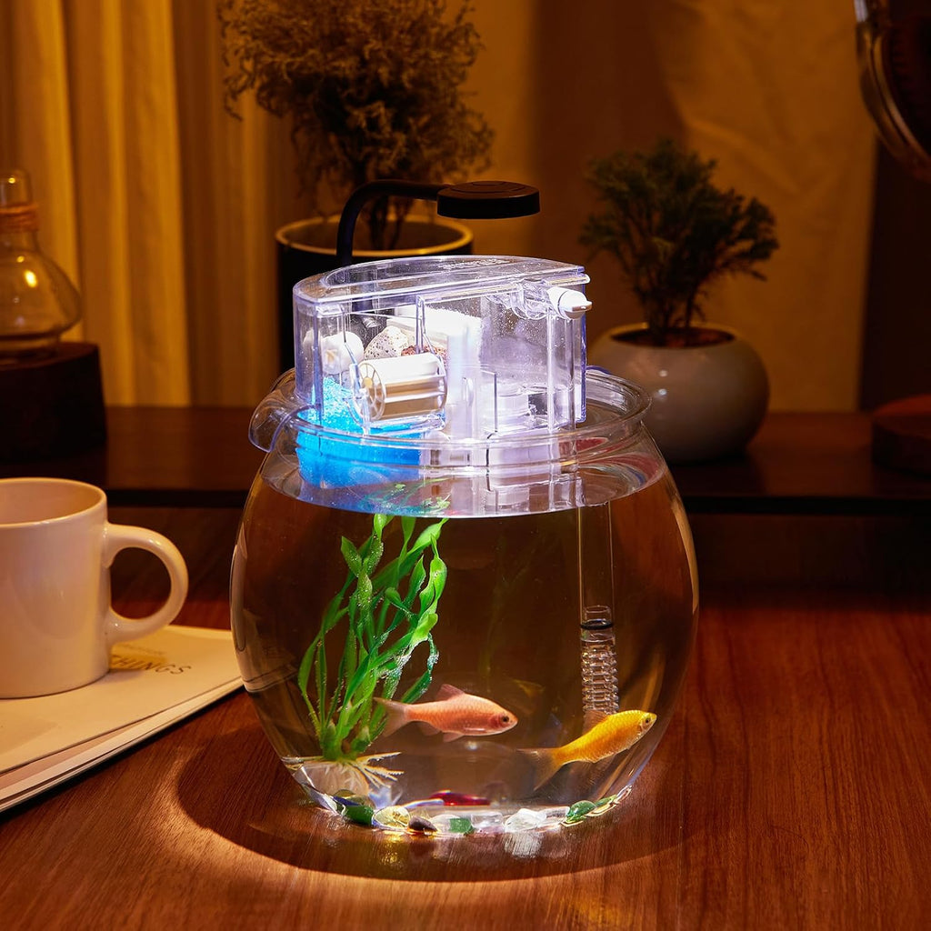 1 Gallon Small Fish Tank Break-Resistant Plastic Round Bowl with Filter and Light N865308
