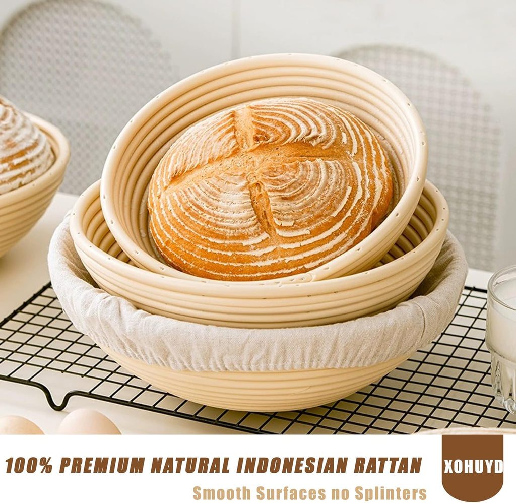 Banneton Bread Proofing Baskets Set, 9 Inch Round & 10 Oval, with Lame, Danish Whisk, Liners F325