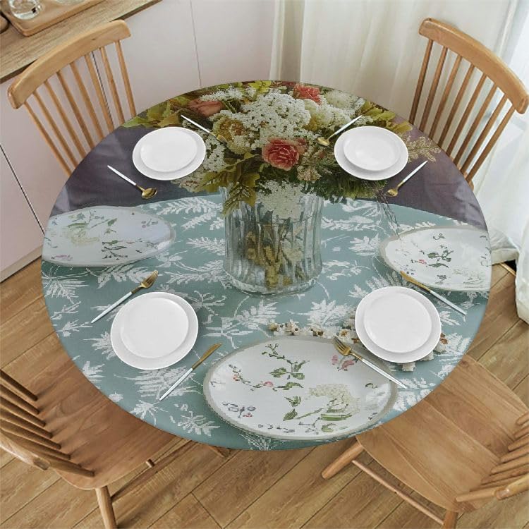 Round Vinyl Fitted Tablecloth with Flannel Backing Elastic Edge Design Table Cover Waterproof Oil-Proof PVC Table Cloth Stain-Resistant Wipeable for Round Table