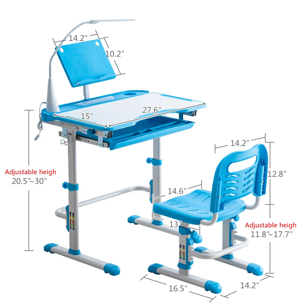 Kids Desk and Chair Set, Height Adjustable Study Table with LED Light U2367