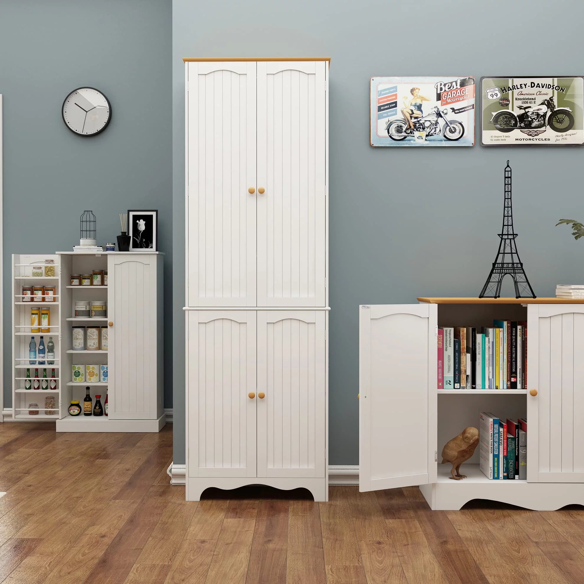 72" Tall Kitchen Pantry Cabinet with 4 Doors and 2 Adjustable Shelves, White and Honey X688073