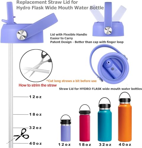 Straw Lid for Wide Mouth Water Bottles, Replacement Cap with Flex Handle, Black, 2 Pack M613