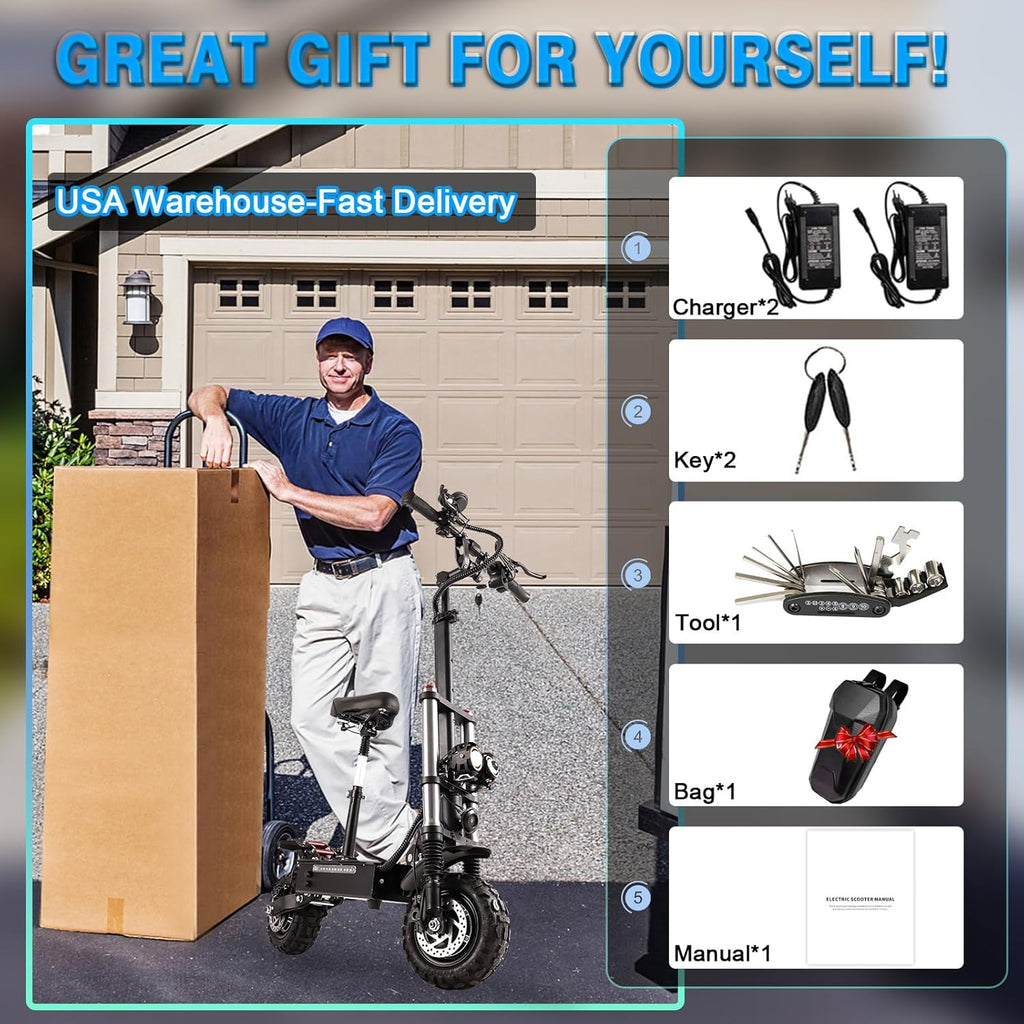 Electric Scooter for Adults with Seat, 50 MPH, 60+ Miles Range, Foldable, 11" Fat Tires L6576