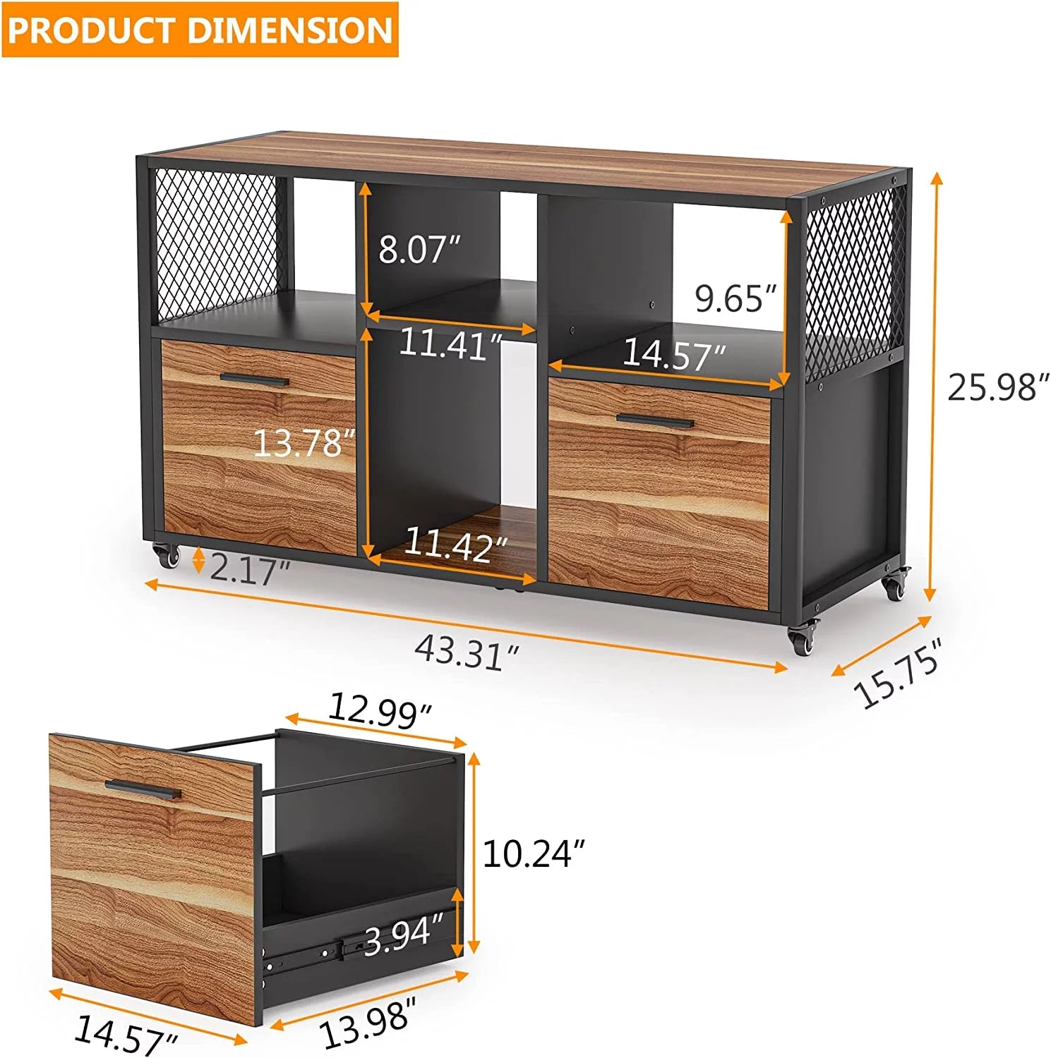 2 Drawer Wood File Cabinet, Mobile Lateral Filing, Rustic Brown D380