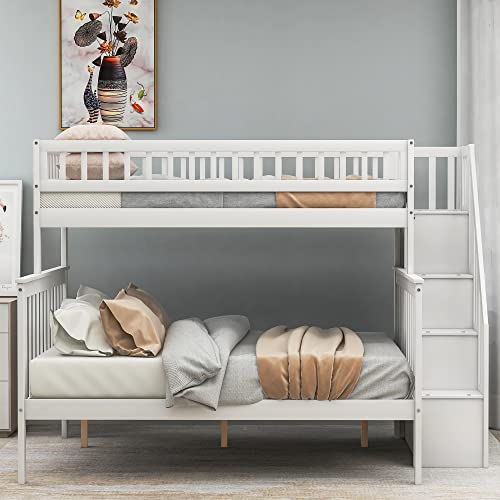 Twin Over Twin/Full Bunk Bed with Trundle and Drawers, Solid Wood Staircase, White C353971