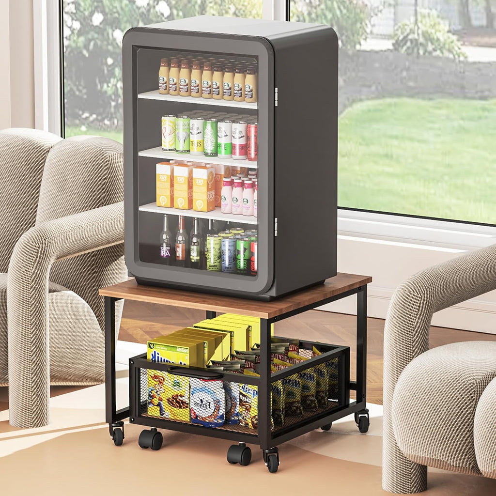 Mini Fridge Stand with Rolling Cart, Lockable Wheels and Metal Basket Drawers S30483