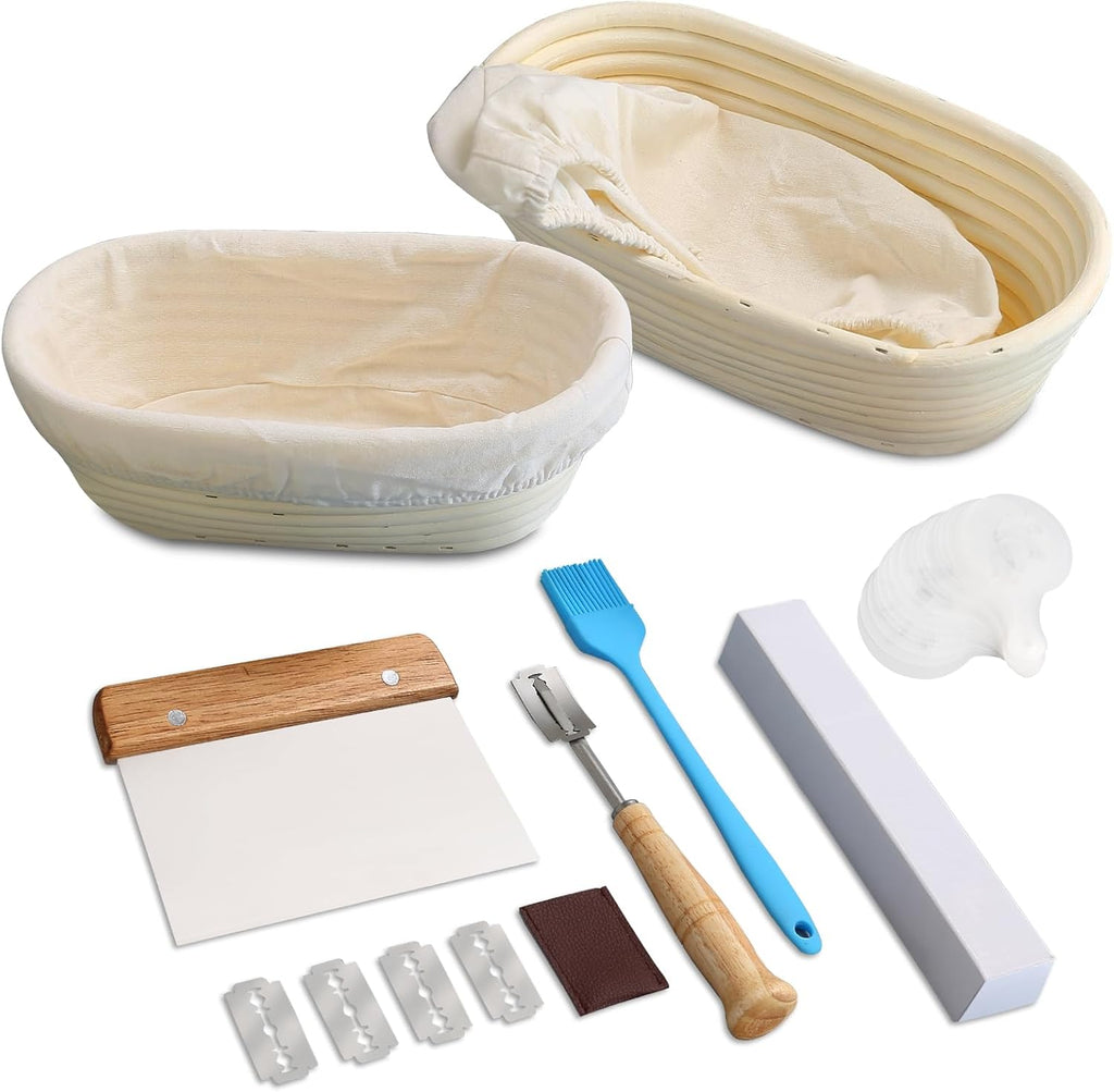 Banneton Bread Proofing Baskets Set of 2, 10 Inch Oval Cane Sourdough Bread Rising Basket,Proofing Basket for Bread baking, Bread Making Supplies Tools, Banneton Basket Gift Set