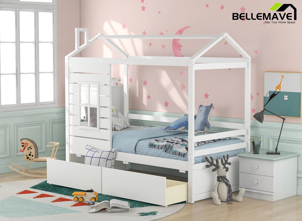 Twin Size House Bed with Drawers and Guard Rails Q40260