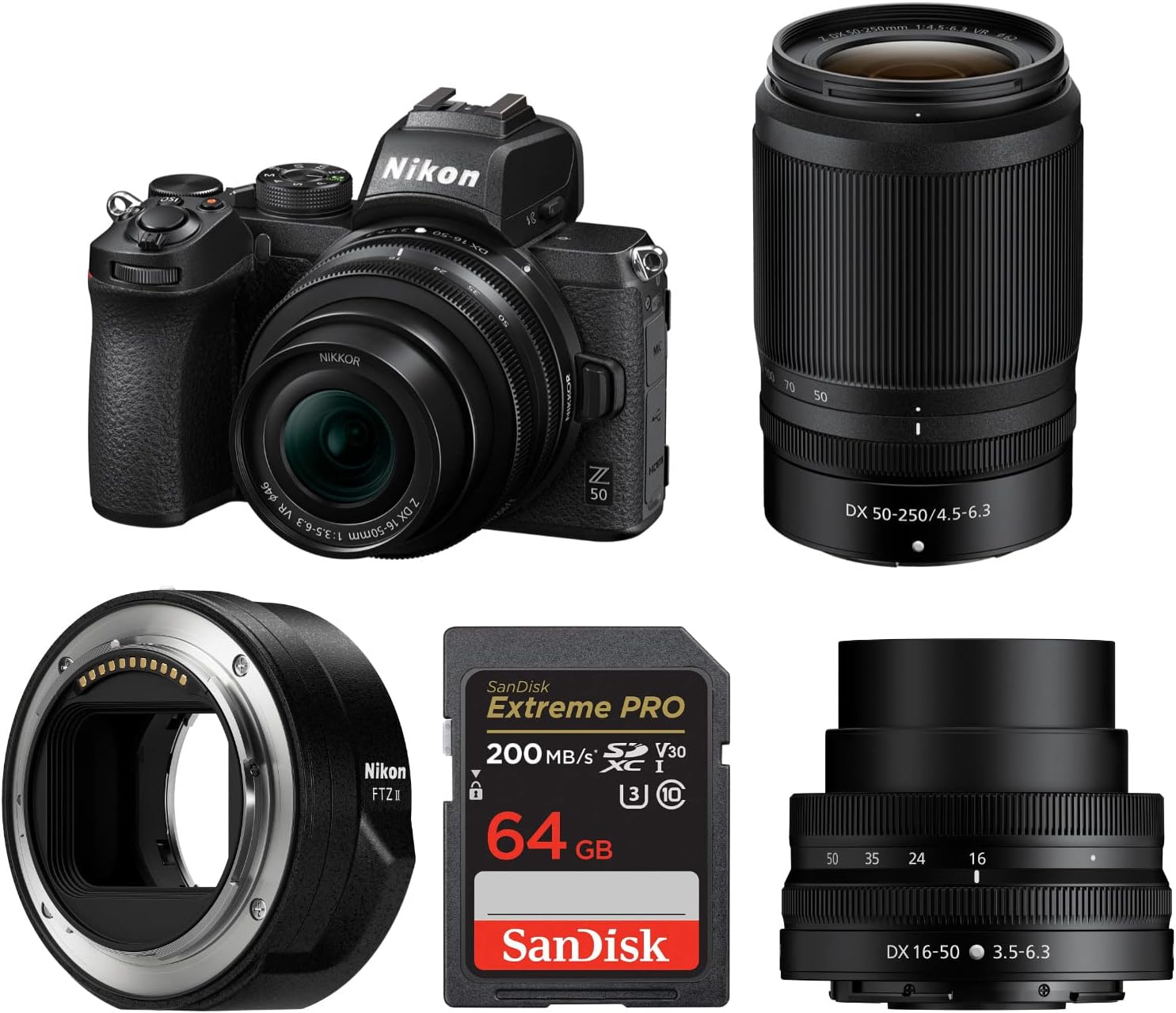 Nikon Z 50 DX-Format Mirrorless Camera Bundle with DX 16-50mm f/3.5-6.3 VR Lens, Z DX 50-250mm f/4.5-6.3 VR Lens, FTZ II Mount Adapter and 64GB Memory Card (5 Items)