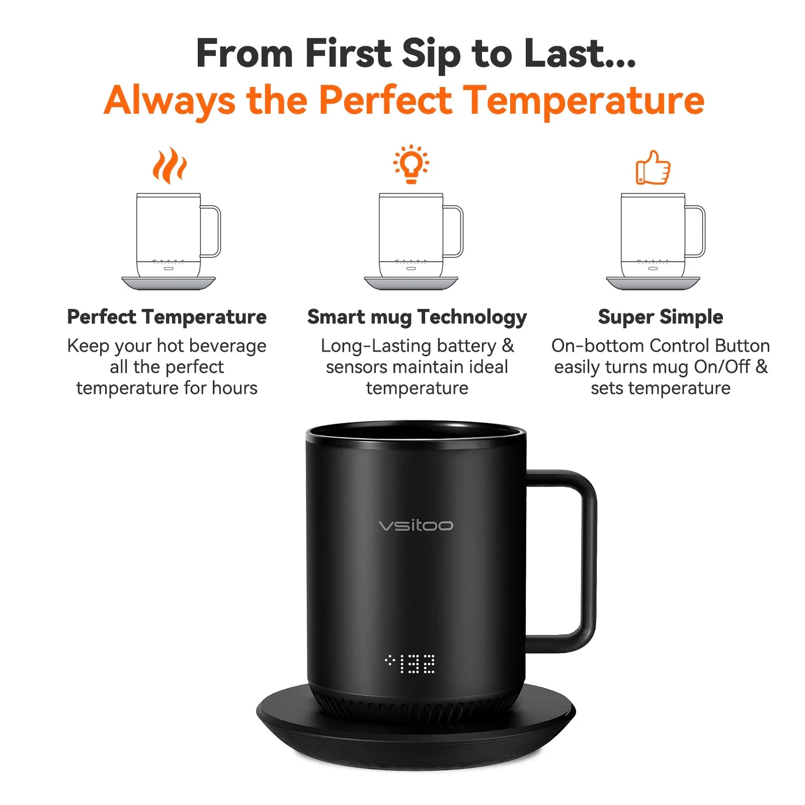 Temperature Control Smart Mug with Lid, Self Heating Coffee Mug 10 oz, LED Display P632771