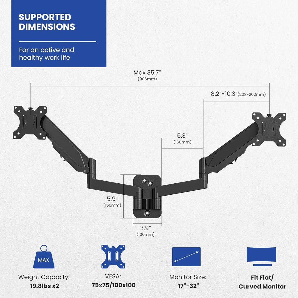 Dual Monitor Wall Mount, Gas Spring Arm for 17-32 Inch Screens, Full Motion Adjustable, Black R694178