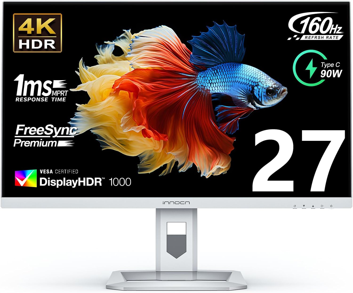 INNOCN 27" Mini LED 4K 160Hz Gaming Monitor UHD 3840 x 2160p 1ms IPS HDR1000 HDMI 2.1 Computer Monitor, 99% DCI-P3, USB Type-C Connectivity, Pivot Sensor, Height Adjustable Stand - 27M2V